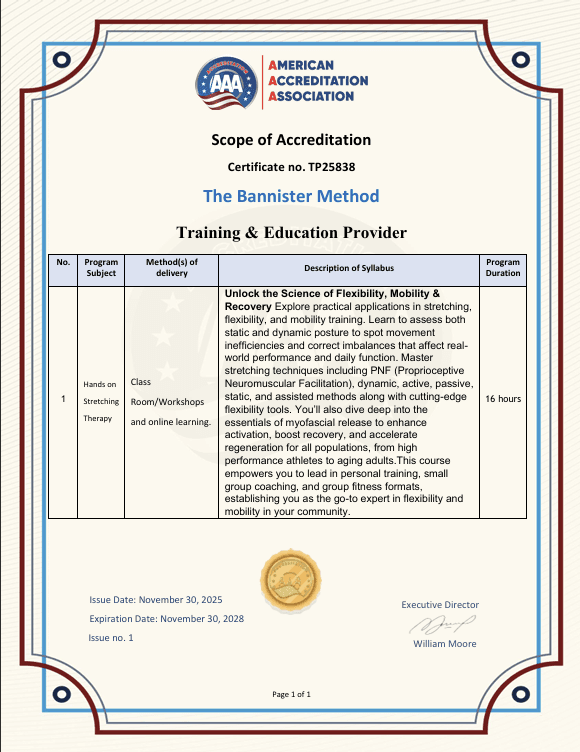 The Bannister Method Hands-On Stretching Certification - AAA Accreditation TP25838