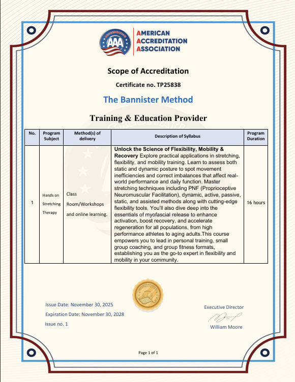 The Bannister Method Hands-On Stretching Certification - AAA Accreditation TP25838